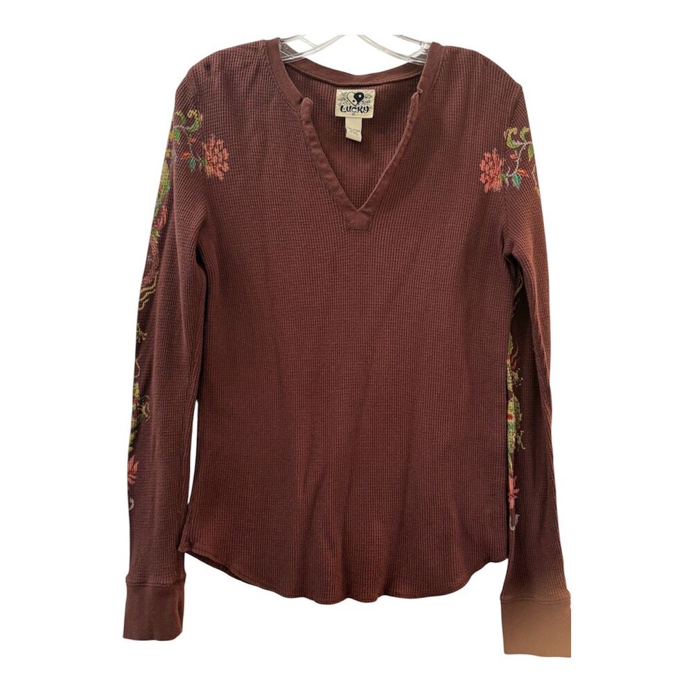 Lucky Brand Shirt Womens XL Brown V Neck Long Sleeve Waffle Knit Thermal Top